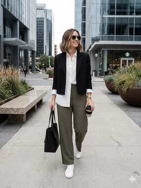 Oak + Fort olive green straight-leg trousers  distinctive black side stripe sz 8